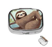Pill Box 2 Compartment Metal Medicine Pill Organizer Cartoon Sloth Pill Case for Purse or Pocket Cute Mini Portable Pill Holder Travel Pill Container to Hold Supplements, Vitamins, Fish Oil
