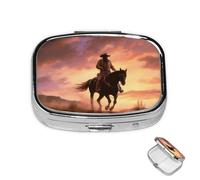 Pill Box 2 Compartment Metal Medicine Pill Organizer Cowboy West Pill Case for Purse or Pocket Cute Mini Portable Pill Holder Travel Pill Container to Hold Supplements, Vitamins, Fish Oil