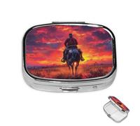 Pill Box 2 Compartment Metal Medicine Pill Organizer Cowboy West Pill Case for Purse or Pocket Cute Mini Portable Pill Holder Travel Pill Container to Hold Supplements, Vitamins, Fish Oil