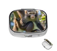 Pill Box 2 Compartment Metal Medicine Pill Organizer Cute Monkey Pill Case for Purse or Pocket Cute Mini Portable Pill Holder Travel Pill Container to Hold Supplements, Vitamins, Fish Oil
