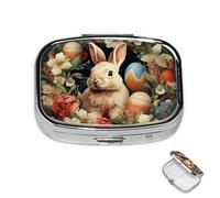Pill Box 2 Compartment Metal Medicine Pill Organizer Easter bunny and flowers Pill Case for Purse or Pocket Cute Mini Portable Pill Holder Travel Pill Container to Hold Supplements, Vitamins, Fish Oil