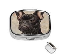 Pill Box 2 Compartment Metal Medicine Pill Organizer French Bulldog Pill Case for Purse or Pocket Cute Mini Portable Pill Holder Travel Pill Container to Hold Supplements, Vitamins, Fish Oil