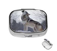 Pill Box 2 Compartment Metal Medicine Pill Organizer Howling Wolf Pill Case for Purse or Pocket Cute Mini Portable Pill Holder Travel Pill Container to Hold Supplements, Vitamins, Fish Oil
