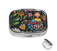 Pill Box 2 Compartment Metal Medicine Pill Organizer Mexican Folk Art Boho Pill Case for Purse or Pocket Cute Mini Portable Pill Holder Travel Pill Container to Hold Supplements, Vitamins, Fish Oil