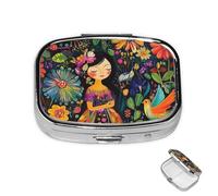 Pill Box 2 Compartment Metal Medicine Pill Organizer Mexican Folk Art Pill Case for Purse or Pocket Cute Mini Portable Pill Holder Travel Pill Container to Hold Supplements, Vitamins, Fish Oil