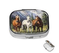 Pill Box 2 Compartment Metal Medicine Pill Organizer Mountain Pasture Horses Pill Case for Purse or Pocket Cute Mini Portable Pill Holder Travel Pill Container to Hold Supplements, Vitamins, Fish Oil