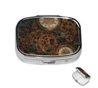 Pill Box 2 Compartment Metal Medicine Pill Organizer Rusty Steampunk Clock Pill Case for Purse or Pocket Cute Mini Portable Pill Holder Travel Pill Container to Hold Supplements, Vitamins, Fish Oil