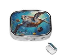 Pill Box 2 Compartment Metal Medicine Pill Organizer Sea Turtle Dolphin Fish Pill Case for Purse or Pocket Cute Mini Portable Pill Holder Travel Pill Container to Hold Supplements, Vitamins, Fish Oil