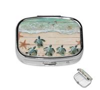 Pill Box 2 Compartment Metal Medicine Pill Organizer Sea Turtle Starfish Pill Case for Purse or Pocket Cute Mini Portable Pill Holder Travel Pill Container to Hold Supplements, Vitamins, Fish Oil