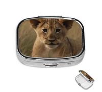 Pill Box 2 Compartment Metal Medicine Pill Organizer The Waiting Lion Cub Pill Case for Purse or Pocket Cute Mini Portable Pill Holder Travel Pill Container to Hold Supplements, Vitamins, Fish Oil
