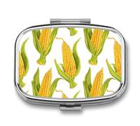 Pill Box 2 Compartment Metal Medicine Pill Organizer Travel Pill Container | Corn on The Cob Image Pill Case for Purse or Pocket Cute Mini Portable Pill Holder to Hold Supplements Vitamins Fish Oil