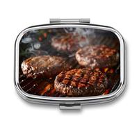 Pill Box 2 Compartment Metal Medicine Pill Organizer Travel Pill Container | Smoke from The Grill Pill Case for Purse or Pocket Cute Mini Portable Pill Holder to Hold Supplements Vitamins Fish Oil