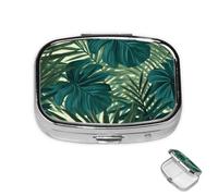 Pill Box 2 Compartment Metal Medicine Pill Organizer Tropical Palm Leaf Pill Case for Purse or Pocket Cute Mini Portable Pill Holder Travel Pill Container to Hold Supplements, Vitamins, Fish Oil