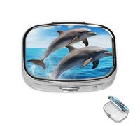 Pill Box 2 Compartment Metal Medicine Pill Organizer Two Dolphins Pill Case for Purse or Pocket Cute Mini Portable Pill Holder Travel Pill Container to Hold Supplements, Vitamins, Fish Oil