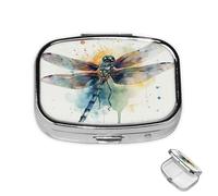 Pill Box 2 Compartment Metal Medicine Pill Organizer Watercolor Dragonfly Pill Case for Purse or Pocket Cute Mini Portable Pill Holder Travel Pill Container to Hold Supplements, Vitamins, Fish Oil