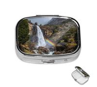 Pill Box 2 Compartment Metal Medicine Pill Organizer Waterfall and Rainbow Pill Case for Purse or Pocket Cute Mini Portable Pill Holder Travel Pill Container to Hold Supplements, Vitamins, Fish Oil