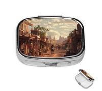 Pill Box 2 Compartment Metal Medicine Pill Organizer West Cowboy Town Pill Case for Purse or Pocket Cute Mini Portable Pill Holder Travel Pill Container to Hold Supplements, Vitamins, Fish Oil