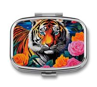 Pill Box 2 Compartment Mini Medicine Pill Case A Beautiful Flower Tiger Pill Holder for Purse Pocket Waterproof Metal Pill Container Decorative Medicine Pill Organiser for Travel Or Daily