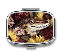 Pill Box 2 Compartment Mini Medicine Pill Case A Crocodile Sunflower Pill Holder for Purse Pocket Waterproof Metal Pill Container Decorative Medicine Pill Organiser for Travel Or Daily