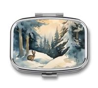 Pill Box 2 Compartment Mini Medicine Pill Case A Rabbit in Winter Pill Holder for Purse Pocket Waterproof Metal Pill Container Decorative Medicine Pill Organiser for Travel Or Daily
