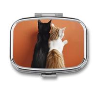 Pill Box 2 Compartment Mini Medicine Pill Case Back View of Two Cats Pill Holder for Purse Pocket Waterproof Metal Pill Container Decorative Medicine Pill Organiser for Travel Or Daily