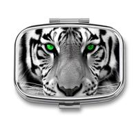 Pill Box 2 Compartment Mini Medicine Pill Case Black and White Green Eyed Tiger Pill Holder for Purse Pocket Waterproof Metal Pill Container Decorative Medicine Pill Organiser for Travel Or Daily