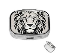 Pill Box 2 Compartment Mini Medicine Pill Case Black and White Lion Head Pill Holder for Purse Pocket Waterproof Metal Pill Container Decorative Medicine Pill Organiser for Travel or Daily