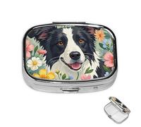 Pill Box 2 Compartment Mini Medicine Pill Case Border Collie Florals Pill Holder for Purse Pocket Waterproof Metal Pill Container Decorative Medicine Pill Organiser for Travel or Daily