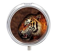 Pill Box 2 Compartment Mini Medicine Pill Case Burning Tiger Leather Pill Holder for Purse Pocket Waterproof Metal Pill Container Decorative Medicine Pill Organiser for Travel Or Daily