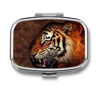 Pill Box 2 Compartment Mini Medicine Pill Case Burning Tiger Leather Pill Holder for Purse Pocket Waterproof Metal Pill Container Decorative Medicine Pill Organiser for Travel Or Daily