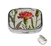 Pill Box 2 Compartment Mini Medicine Pill Case Carnations of Red Colors Pill Holder for Purse Pocket Waterproof Metal Pill Container Decorative Medicine Pill Organiser for Travel or Daily