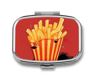 Pill Box 2 Compartment Mini Medicine Pill Case Cartoon French Fries Pill Holder for Purse Pocket Waterproof Metal Pill Container Decorative Medicine Pill Organiser for Travel Or Daily