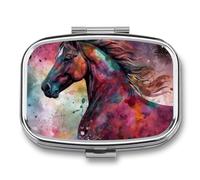 Pill Box 2 Compartment Mini Medicine Pill Case Colorful Horse in The Universe Pill Holder for Purse Pocket Waterproof Metal Pill Container Decorative Medicine Pill Organiser for Travel Or Daily