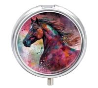 Pill Box 2 Compartment Mini Medicine Pill Case Colorful Horse in The Universe Pill Holder for Purse Pocket Waterproof Metal Pill Container Decorative Medicine Pill Organiser for Travel Or Daily