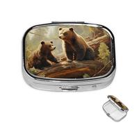 Pill Box 2 Compartment Mini Medicine Pill Case Cute Bears Play in The Tree Pill Holder for Purse Pocket Waterproof Metal Pill Container Decorative Medicine Pill Organiser for Travel or Daily