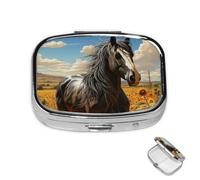 Pill Box 2 Compartment Mini Medicine Pill Case Dark Horse Under the Sunflowers Pill Holder for Purse Pocket Waterproof Metal Pill Container Decorative Medicine Pill Organiser for Travel or Daily