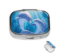 Pill Box 2 Compartment Mini Medicine Pill Case Dolphins in Love Pill Holder for Purse Pocket Waterproof Metal Pill Container Decorative Medicine Pill Organiser for Travel or Daily