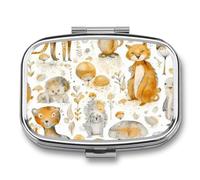 Pill Box 2 Compartment Mini Medicine Pill Case Doodles with Animals Pill Holder for Purse Pocket Waterproof Metal Pill Container Decorative Medicine Pill Organiser for Travel Or Daily