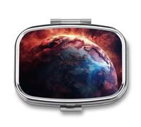 Pill Box 2 Compartment Mini Medicine Pill Case Earth on Fire from Space Pill Holder for Purse Pocket Waterproof Metal Pill Container Decorative Medicine Pill Organiser for Travel Or Daily