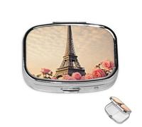 Pill Box 2 Compartment Mini Medicine Pill Case Eiffel Tower with Rose Flower Pill Holder for Purse Pocket Waterproof Metal Pill Container Decorative Medicine Pill Organiser for Travel or Daily
