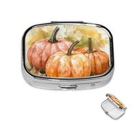Pill Box 2 Compartment Mini Medicine Pill Case Fall Watercolor Pumpkins Pill Holder for Purse Pocket Waterproof Metal Pill Container Decorative Medicine Pill Organiser for Travel or Daily
