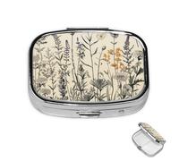 Pill Box 2 Compartment Mini Medicine Pill Case Floral Herbs Botanical Engraving Pill Holder for Purse Pocket Waterproof Metal Pill Container Decorative Medicine Pill Organiser for Travel or Daily