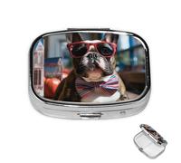 Pill Box 2 Compartment Mini Medicine Pill Case French Bulldog Wearing Sunglasses Pill Holder for Purse Pocket Waterproof Metal Pill Container Decorative Medicine Pill Organiser for Travel or Daily