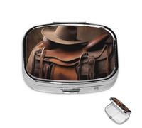 Pill Box 2 Compartment Mini Medicine Pill Case Horse Saddle with a Cowboy Hat Wild Pill Holder for Purse Pocket Waterproof Metal Pill Container Decorative Medicine Pill Organiser for Travel or Daily
