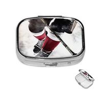 Pill Box 2 Compartment Mini Medicine Pill Case Ice Hockey Pattern Pill Holder for Purse Pocket Waterproof Metal Pill Container Decorative Medicine Pill Organiser for Travel or Daily