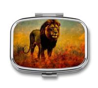Pill Box 2 Compartment Mini Medicine Pill Case Lion Silhouette in Field Pill Holder for Purse Pocket Waterproof Metal Pill Container Decorative Medicine Pill Organiser for Travel Or Daily