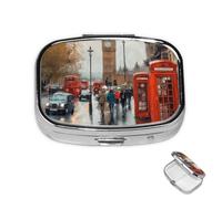 Pill Box 2 Compartment Mini Medicine Pill Case London Impression Pill Holder for Purse Pocket Waterproof Metal Pill Container Decorative Medicine Pill Organiser for Travel or Daily