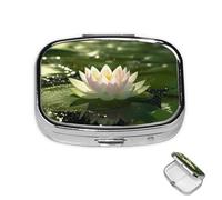 Pill Box 2 Compartment Mini Medicine Pill Case Lotus on Water Pill Holder for Purse Pocket Waterproof Metal Pill Container Decorative Medicine Pill Organiser for Travel or Daily