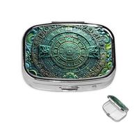 Pill Box 2 Compartment Mini Medicine Pill Case Mayan Calendar End of The World Pill Holder for Purse Pocket Waterproof Metal Pill Container Decorative Medicine Pill Organiser for Travel or Daily
