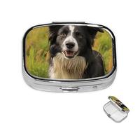 Pill Box 2 Compartment Mini Medicine Pill Case Mohado Border Collie Dog Pill Holder for Purse Pocket Waterproof Metal Pill Container Decorative Medicine Pill Organiser for Travel or Daily